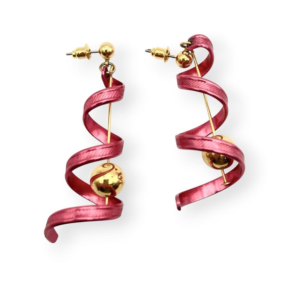 Pink Gold Dangle Drop Earrings Spiral Swirl Metallic Y2K Cybercore Cosplay Vtg